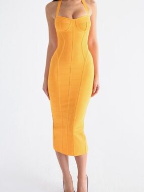 House of CB The Sculpt Halter Midi Bandage Dress Orange Sherbet Peach XS